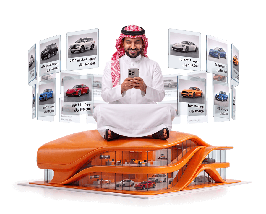 رجل أعمال يجلس فوق معرض سيارات رقمي